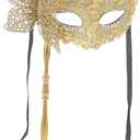 Jojofuny Handheld Masquerade Mask with Stick Gras Masks Fancy Cosplay Costume for Dancing Party Prom Favors Supplies Golden Gras Costume