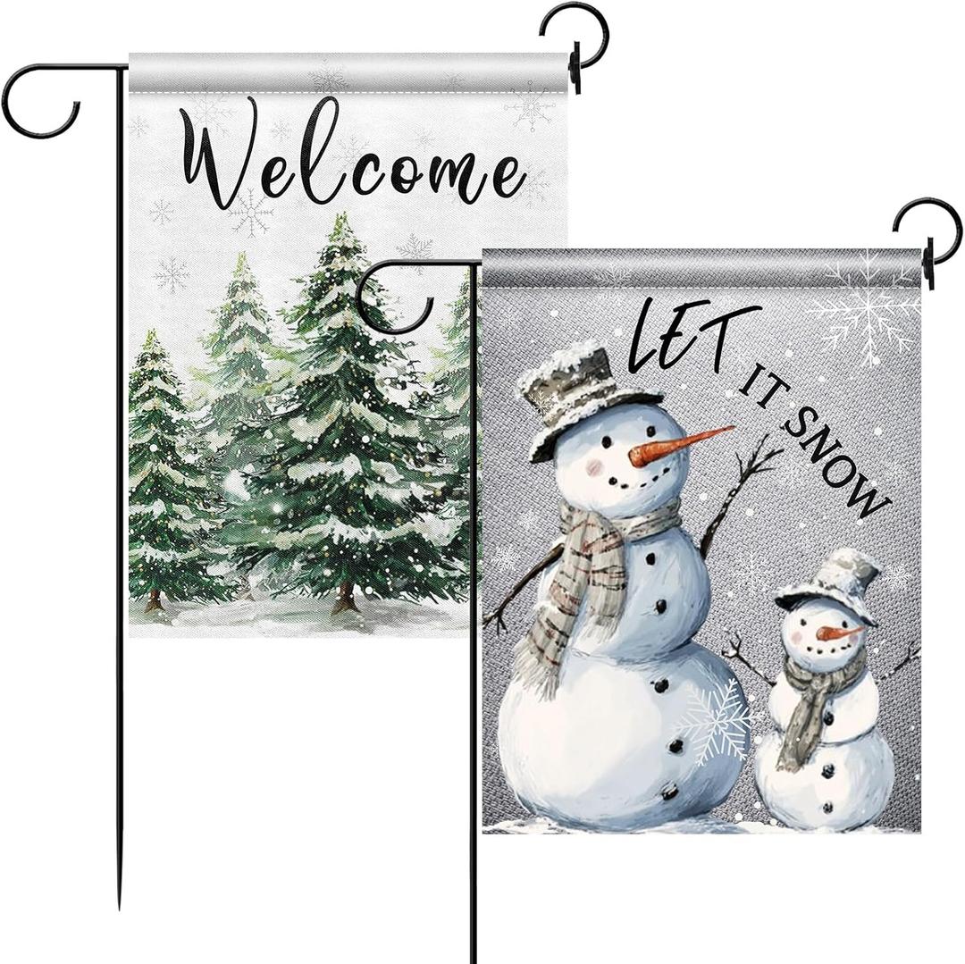2 Pcs Winter Garden Flags for Outside, 12x18 Inch Double Sided Winter Yard Flags, Let It Snow Snowman and Welcome Christmas Tree Design, Small Holiday Garden Flag for Rustic Outdoor Decor