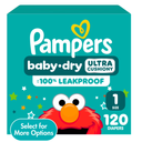 Pampers Diapers Baby Dry Size 1, 120 Count, Absorbent Disposable Infant Diaper 