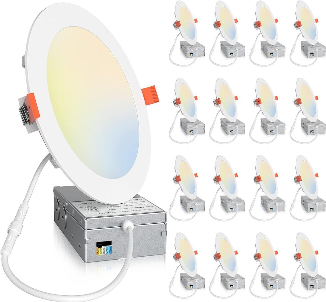 Amico 16 Pack 6 Inch 5CCT Ultra-Thin LED Recessed Ceiling Light with Junction Box, 2700K/3000K/4000K/5000K/6000K Selectable, Dimmable Can Light, 1200LM High Brightness Downlight,15W Eqv 130W,ETL