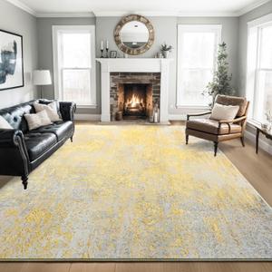 Ompaa Living Room Rug 8x10 Area Rugs Washable Abstract Boho Large Carpet Non-Slip Non-Shedding Faux Wool Indoor Vintage Rug for Bedroom, Classroom, Dining Room, Kids Playroom (Beige and Gold)