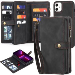 TwoHead for iPhone 11 Wallet case with Card Holder & Detachable Magnetic Phone case, PU Leather case Wallet for Women/Men, Black Wallet Phone Case