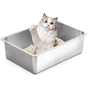 Kirecoo Stainless Steel Cat Litter Box, Large Metal High Sided Cat Pan Box, Indoor Litter Tray, Non Stick, No Smell, Easy to Clean, Pet Toilet Supplies for Cats