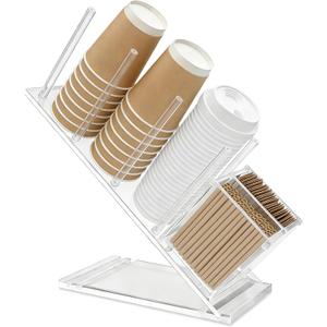 Acrylic Coffee Cup & Lid Holder with Straw Organizer, 5-Compartment Disposable Cup Dispenser, Clear Countertop Storage Rack for Coffee Bar, Office, Kitchen, Bar, Restaurant, Lounge & Parties