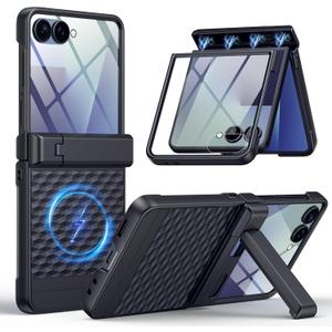 Magnetic for Samsung Galaxy Z Flip 7 Case Fit for MagSafe [Built-in Tempered Screen Protector][Hinge Protection][Kickstand] Military Grade Full Body Cover for Galaxy Z Flip 7,Black