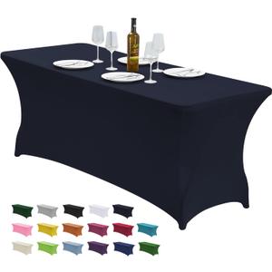 CWK 6FT Waterproof Stretch Spandex Table Cover for Rectangular Tables - Elastic Fitted Tablecloth for Folding Tables,Wrinkle Resistant Table Cloth for Parties, Weddings, Banquets & Events (Navy Blue)
