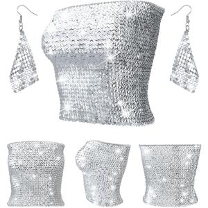 Women's Sparkly Sequin Crop Tops Strapless Metallic Tube Tops with Metal Mesh Drop Dangle Earrings for Party Clubwear