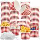 100 Pack Gingham Ice Cream Cups with Plastic Spoons 12oz Disposable Red and White Checkered Paper Bowls Plaid Picnic Snack Cups for Dessert Cold Food Pizza BBQ Camping Summer Party Supplies(Red)