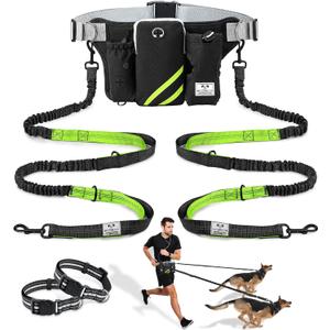 SHINE HAI Retractable Hands Free Dog Leash with Dual Bungees for 2 Dogs, Adjustable Waist Belt, Reflective Stitching Leash for Running Walking Hiking Jogging Biking Black - Green