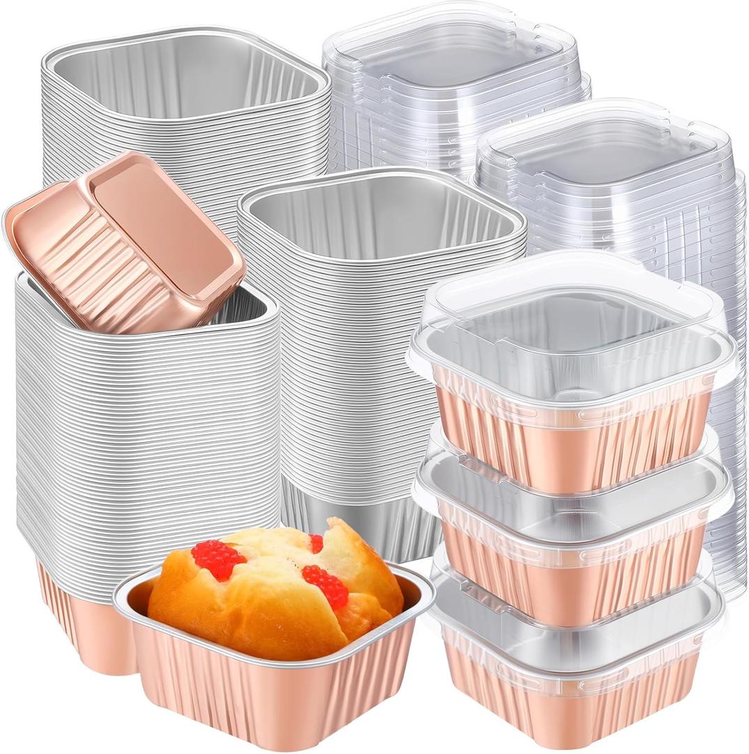 200 Pack 5 oz Mini Cake Pans with Lid, Aluminum Foil Mini Baking Tins, Square Disposable Cupcake Baking Cup Dessert Container for Wedding Birthday Party Picnic(Champagne,Classic)