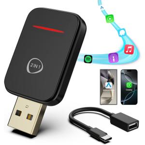 2 in 1 Android Auto Wireless Adapter & Wireless CarPlay Adapter for iPhone iOS/Android, 2025 New Mini Wireless CarPlay USB Dongle for Cars with OEM Wired CarPlay/AA from 2016, Stable Connect Plug&Play