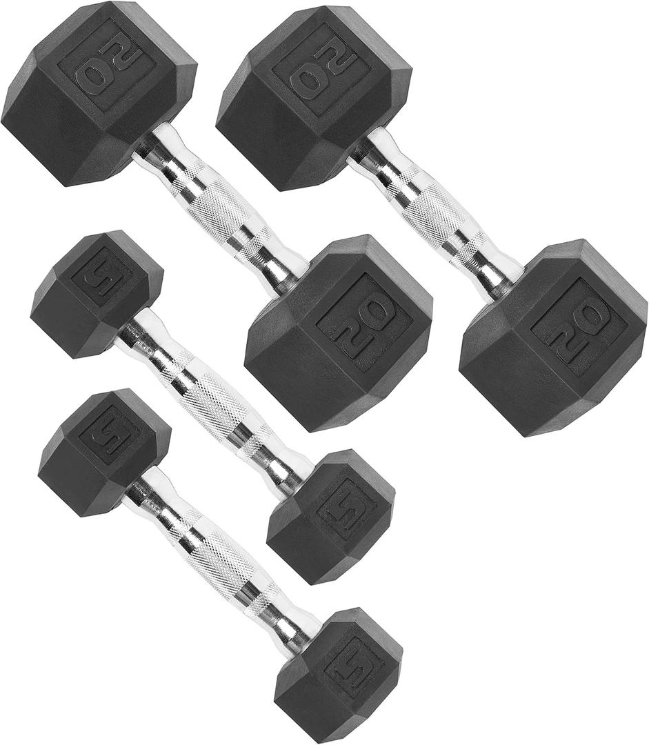CAP Rubber Coated Dumbbell Weights, Free Weights for Home Gym Strength Training, Anti-Roll Hex Dumbbells with Black, Chrome & Comfort Grip Handles, Pairs & Sets 50 lb - Set (5 lb x 2 & 20 lb x 2)