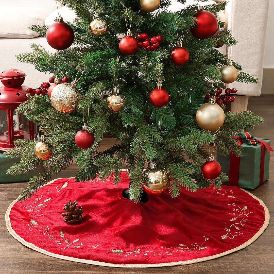 Bunny Chorus Christmas Tree Skirt, 24 inches Red Luxury Velvet Plush Fur Skirts with Gold Embroidered Holly Leaf for Rustic Xmas Tree Holiday Decorations Merry Christmas
