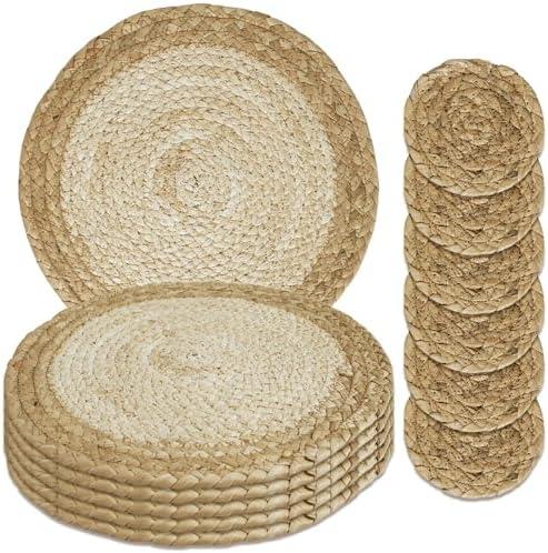 10pcs (Pack of 6 Mats and 6 Coaster) Round Rattan Coasters Washable Woven Table with for Dining Wedding Party Decor for Drink