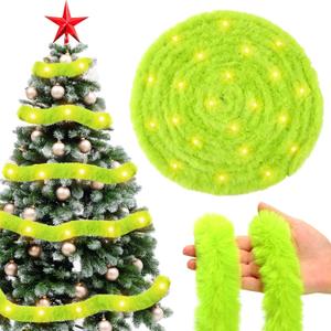 Jansun 33 FT Christmas Lime Green Garland, LED Lighted Faux Fur Ribbon Fabric Trim Xmas Tree Winding Garland Soft Artificial Furry Strip for Christmas Tree Hanging Decoration Holiday Outdoor Decor