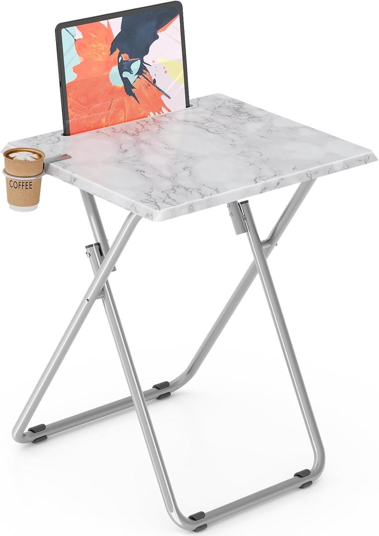 Folding TV Tray Tables, TV Dinner Trays for Eating, Portable Tv Trays with Cup Holder, Folding Tray Side Table, Foldable Snack Table for Bed, Sofa, (White Marble, 1PC)