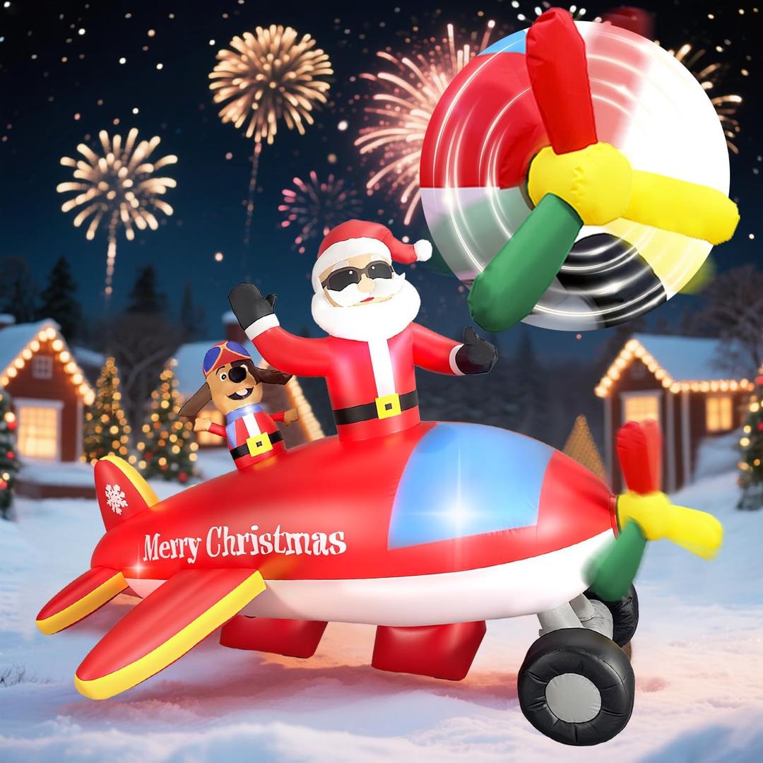 8FT Christmas Inflatables Airplane Outdoor Decorations Santa Claus on Flying Animated Helicopter Built-in LED Lights Xmas Inflatable Blow Up Christmas Yard Decor for Gardern Lawn Indoor Winter Holiday
