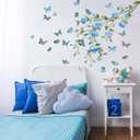 Flower Wall Decals Tree Branch Wall Stickers Peel and Stick Removable DIY Floral Butterflies Wall Decals Tree Leaves Plant Wall Art Stickers Murals for Home Wall Decor (Blue)