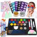 Face Painting Kit for Kids, 18 Colors Face Paint Kit with Stencils Professional, Water Based Non Toxic Facepaint Makeup Kit with Gem Sticker Brushes Crayons for School Carnival, Halloween, Christmas Party