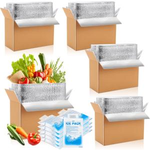 Honoson 4 Pcs Thermal Insulated Shipping Boxes for Frozen Food with Ice Pack and Aluminum Foil Liner for Shipping Big Cold Pack Cooler Mailing Boxes for Moving Hot Frozen Food (12'' X 5.5'' X 7.5'')