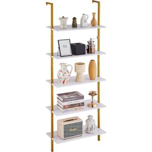VEVOR Ladder Shelf, 5-Tier Bookshelf 24x11.8in, Open Wall-Mounted Ladder Shelf with Metal Frame,Storage Rack Sundries Holder for Kitchen Bedroom Bathroom Living Room, Gold White