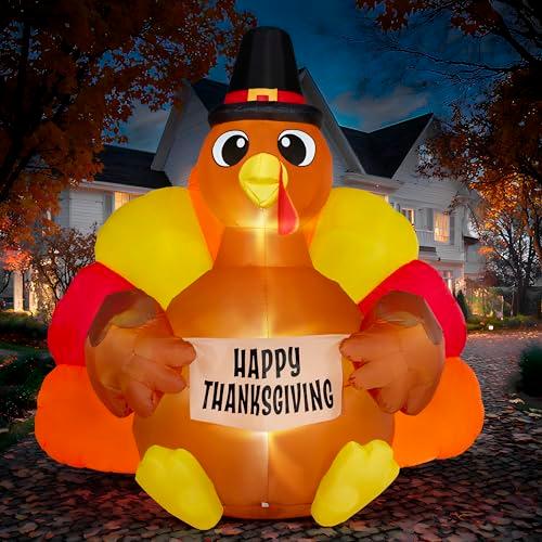 JOIEDOMI 6FT Thanksgiving Inflatable Turkey Decoration Outdoor, Light Up Inflation Turkey with LED, Happy Thanksgiving Blow Up Yard Decorations for Outside, Yard, Garden, Lawn, Party Supplies