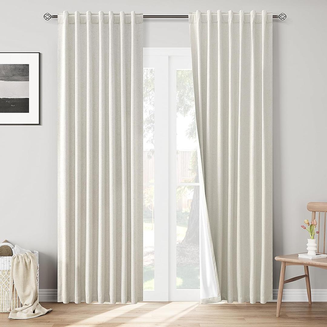 Joywell Linen Natural Cream Beige Full Blackout Curtains 90 Inch Long 2 Panels Set for Bedroom Living Room,Back Tab Rod Pocket Room Darkening Thermal Insulated Black Out Window Drapes,52x90 Inches