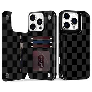 TopPerfekt for iPhone 16 Pro Max Case Wallet with Card Holder, Flip PU Leather Built-in Card Slots, Double Magnetic Clasp and Durable Shockproof for iP16 Pro Max 6.9 inch Women Men- Checkered (Black)