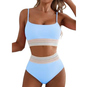 Herseas Women's Bikini Sets Colorblock Trim 2 Piece High Waisted Swimsuit Scoop Neck Adjustable Spaghetti Straps Bathing Suit, Size M