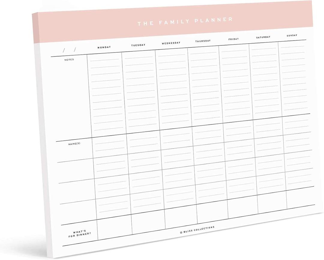Bliss Collections Family Planner with 50 Undated 8.5 x 11 Tear-Off Sheets - Simple Pink Daily and Weekly Calendar for Planning and Organizing Family Activities, Appointments, Tasks, Chores and Meals