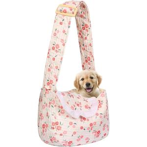 Floral Print Pet Carrier Bag for Small Dogs and Cats, Hands-Free Design Dog Purses (Red Floral, Small)