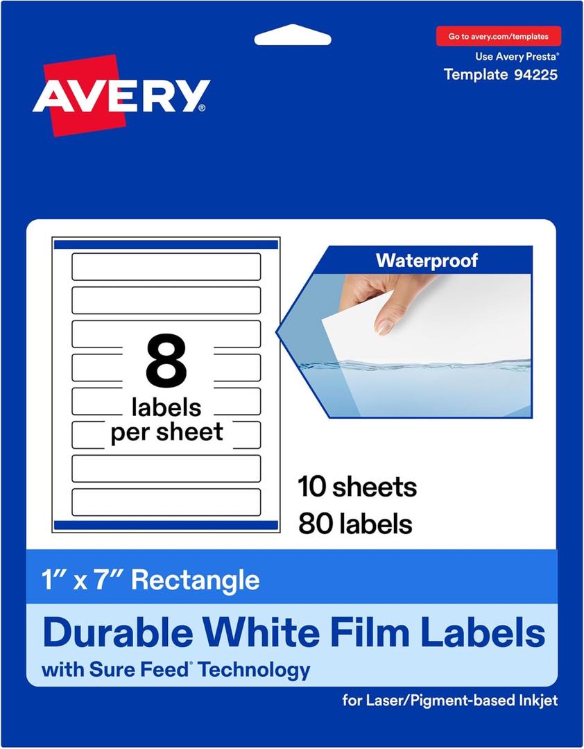 Avery Printable Durable White Rectangle Labels, Sure Feed Technology, 1" x 7", Print-to-the-Edge, Waterproof Labels, Laser & Pigment-Based Inkjet Compatible, 80 Total
