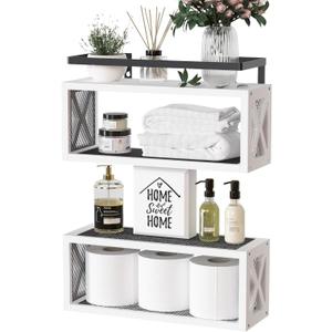 RICHER HOUSE Floating Shelves with Guardrail, Rustic Wood Shelves for Wall Dcor, Farmhouse Bathroom Accessories Wall Mounted, Bathroom Organizer Over Toilet Storage, Kitchen, Living Room - White