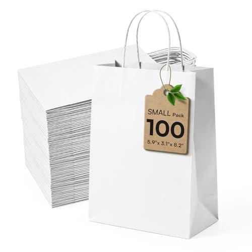 White Paper Bags with Handles Small Paper Gift Bags 100 pcs 5.9"x3.1"x8.2",Sturdy Small Gift Bag Bulk Kraft Wrap Shopping Bags for Wedding Small Business Retail Merchandise Birthday Goodie Party Favor