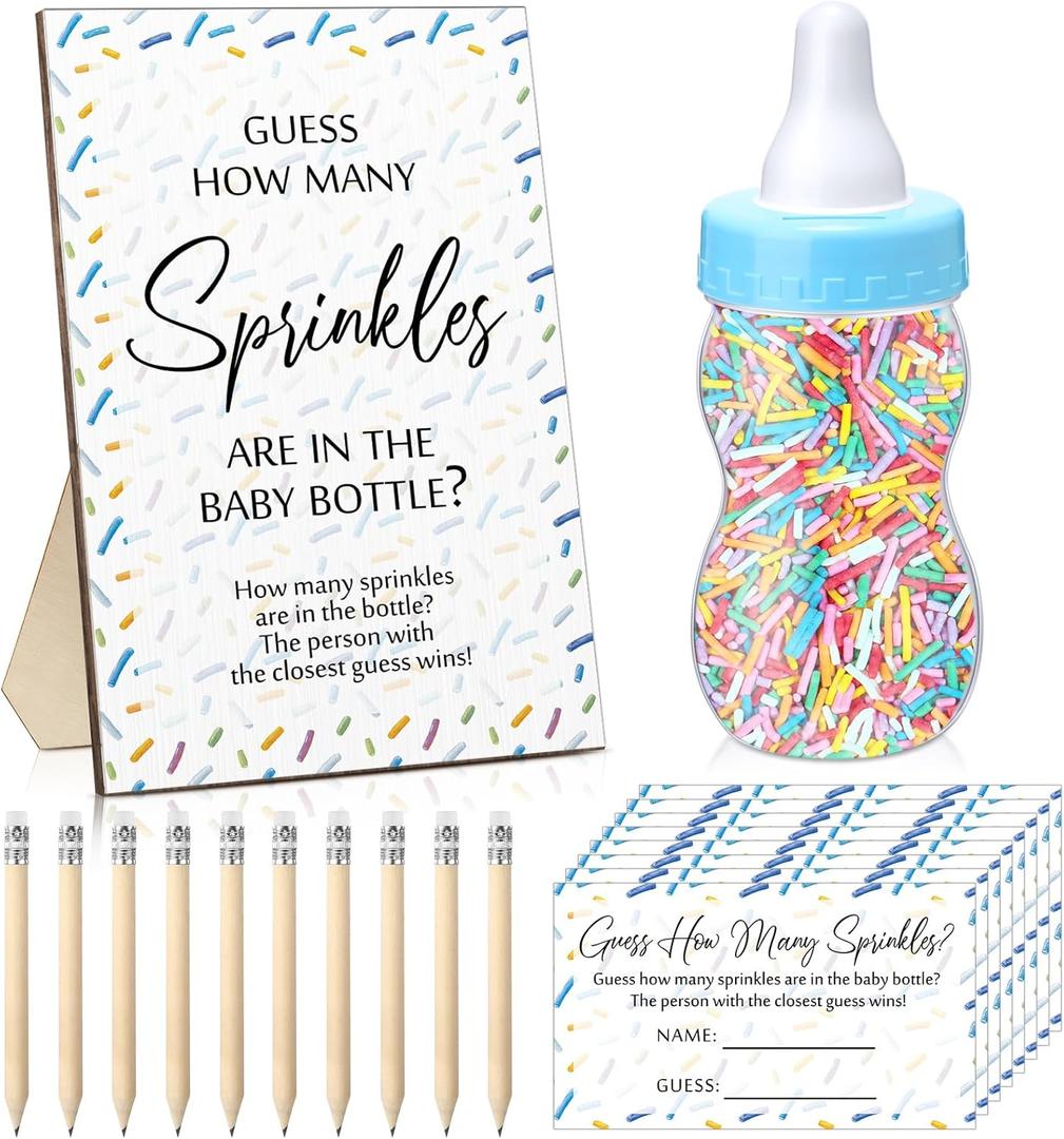 Qilery 122 Pcs Baby Shower Games Guess How Many Sprinkles Included Standing Sign 100 Guessing Cards 20 Pencils 1 Baby Bottle for Gender Reveal Party Favor No Sprinkles(Blue)
