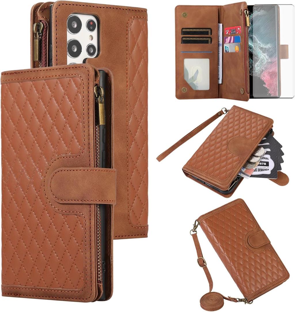 Asuwish Phone Case for Samsung Galaxy S23 Ultra 5G Wallet Cover with Tempered Glass Screen Protector and Wrist Strap Flip Zipper Credit Card Holder Cell S23Ultra 23S S 23 23Ultra 6.8 inch Women Brown