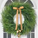 Christmas Wreaths for Front Door - 26" Real Touch Norfolk Pine Wreath, Large Christmas Wreath with Lights Gold Bell & Bow for Mantle Wall Window Indoor Outdoor Decor (1 Pack)