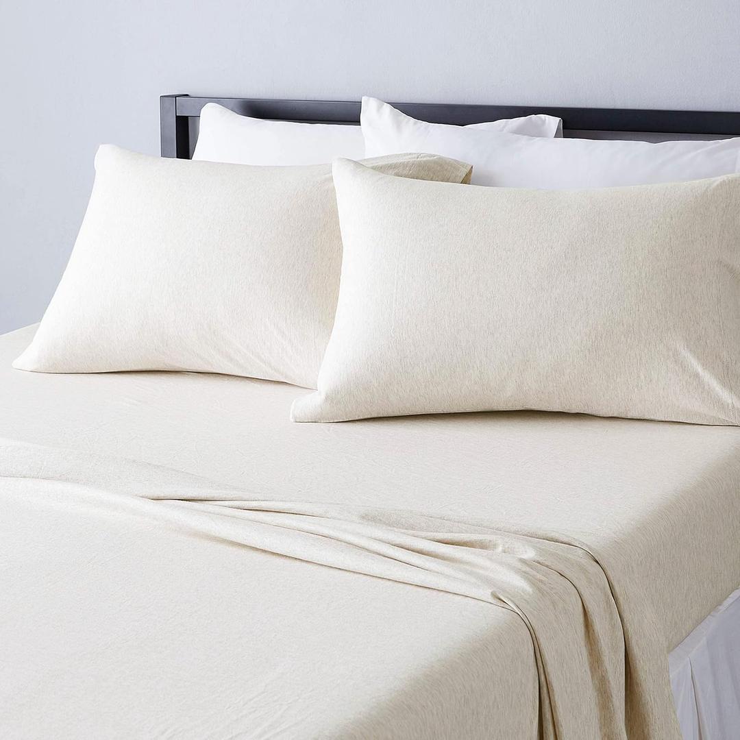 Amazon Basics 4 Piece Bed Sheets Set, 100% Cotton Jersey, Includes Super Soft, Flat and Fitted Sheets, Pillowcase, King, Oatmeal, Solid