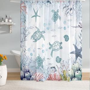 Peopleareok Nautical Coastal Turtle Shower Curtain, Coral Starfish Devilfish Ocean Themed Bathroom Curtain, Kids and Adults Bathroom Decor, 72" W x 72" L Blue