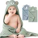 Konssy 2-Pack Muslin Baby Hooded Towels, 100% Cotton, Soft and Absorbent Baby Bath Towels for Newborn, Infant & Toddler with Animal Hooded Design(Elephant & Bear)