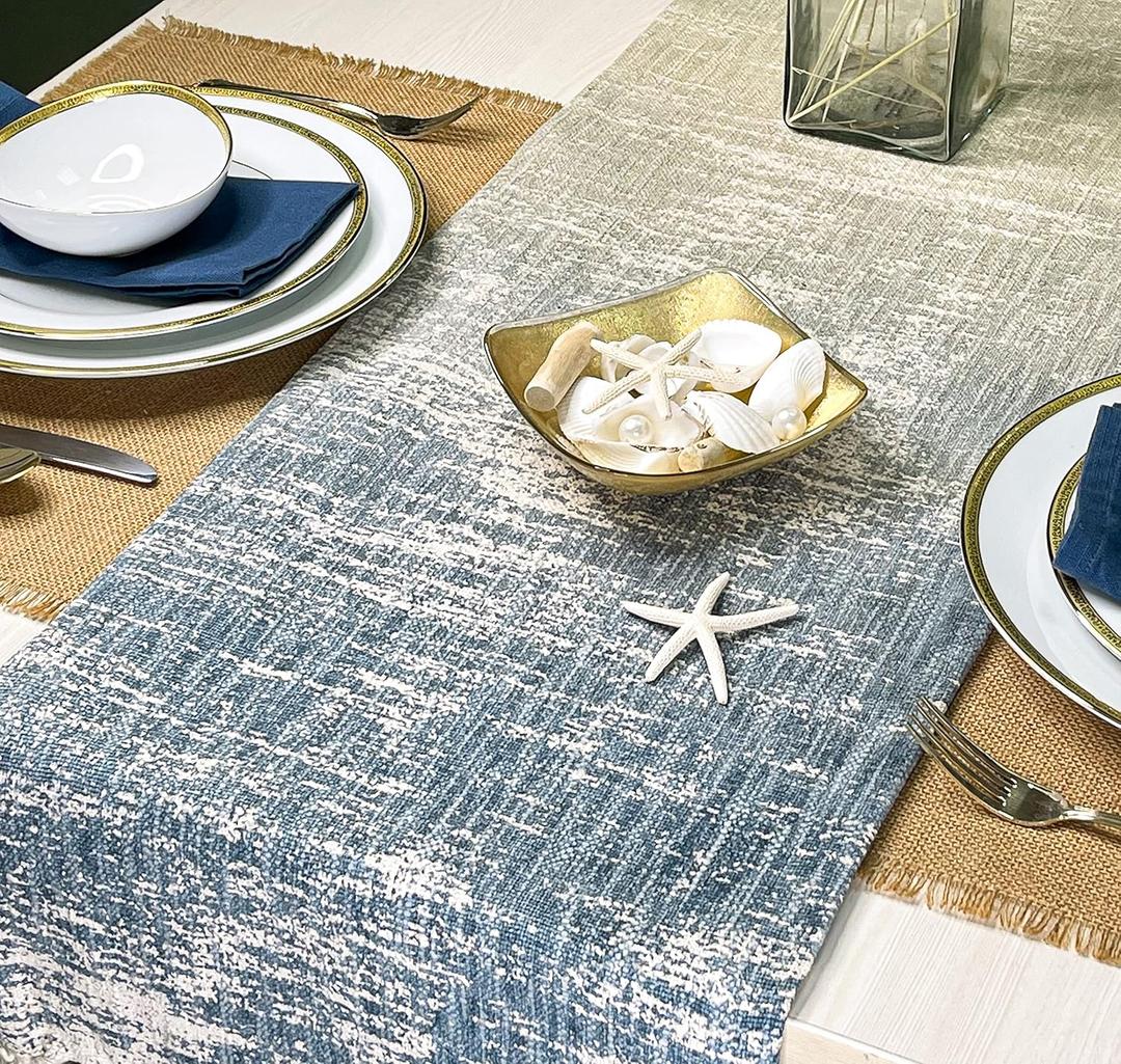 CHARDIN HOME Ombre Textured Table Runner, Blue-Grey-Beige Handspun Cotton Table Runner, 14x72 Inches, Printed Runner, Perfect for Holidays, Dinner Parties, Birthdays, Weddings