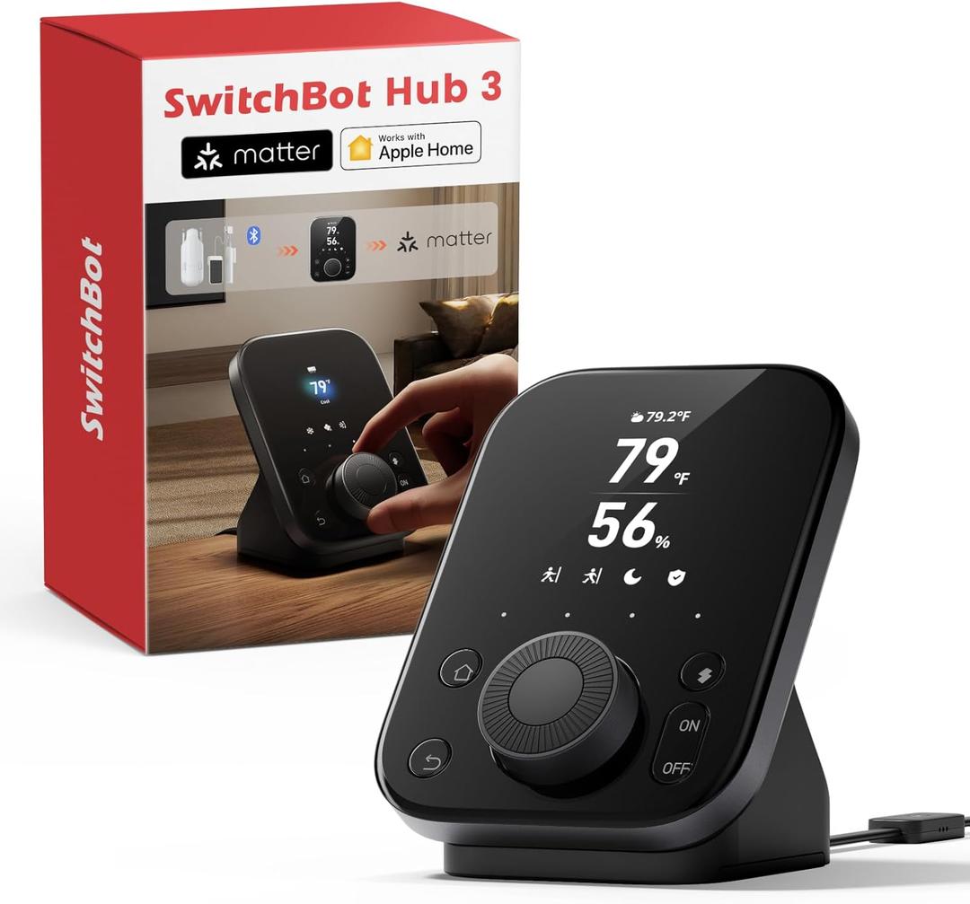 SwitchBot Hub 3 (3rd Gen), Smart Home Hub with 2.4" IPS Screen & Knob Control, WiFi Thermometer Hygrometer, IR Remote (Matter/Bluetooth 200m), Alexa/Google/Apple Home Compatible (Black)
