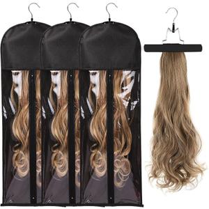 3 Pack Hair Extension Storage Bag Hair Extension Hanger Strong Holder Dust-Proof Portable Suit with Transparent Zip Up Closure- Lightweight, Waterproof and Portable (Black)
