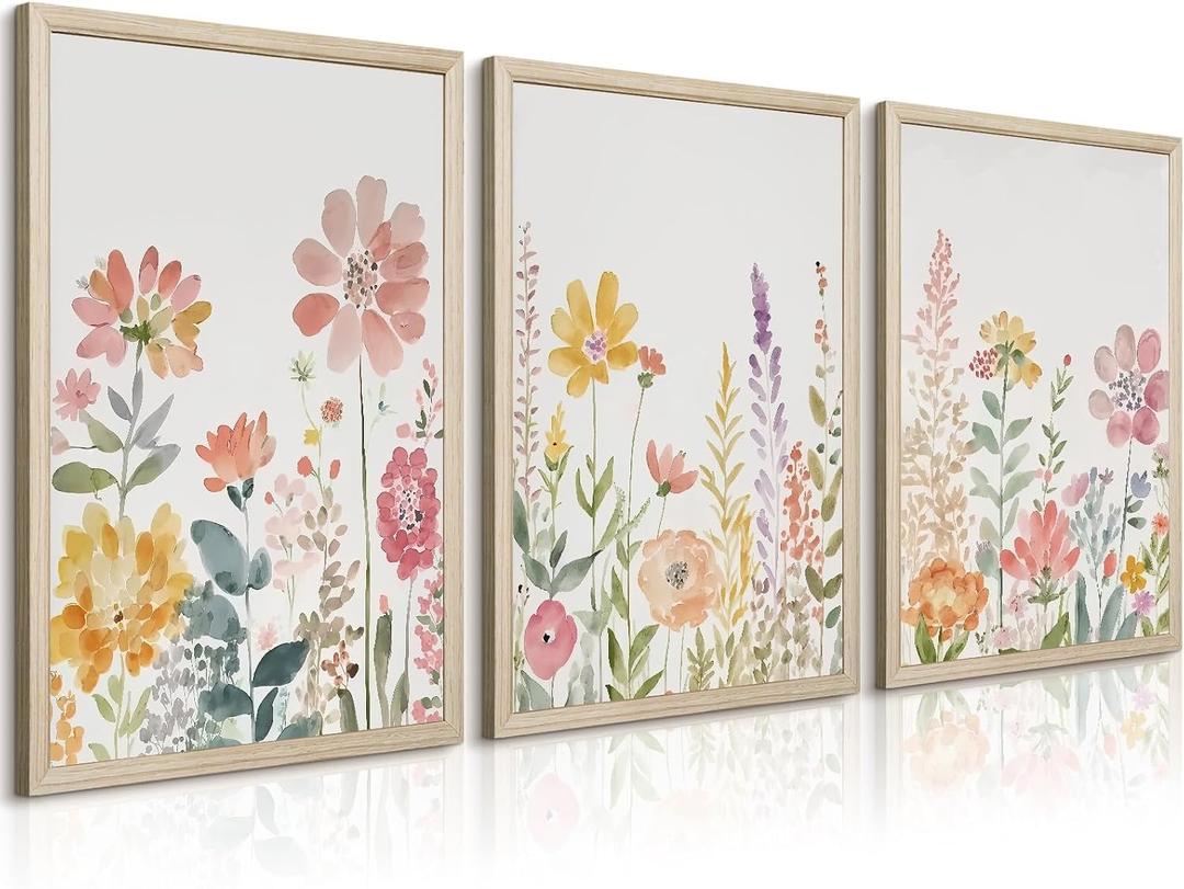 Watercolor Wildflower Wall Art Decor Colorful Flower Pictures Canvas Floral Botanical Wall Art Vintage Prints Poster Floral Painting Artwork for Living Room Bedroom 16x24 Inch Framed Set of 3