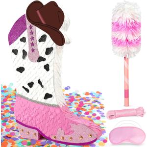 3D Pink Cowgirl Boot Piatafor Western World Theme Party Decorations, Large Glitter Cowgirl Hat & Boot Party Supplies, Let's Go Girls Birthday Decorations, Rustic Ranch Photo Props with Stick