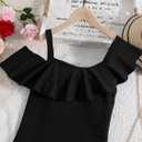 SOLY HUX Girl's Cold Shoulder Ruffle Short Sleeve Bodycon Mini Dress Ribbed Knit Party Dress Pure Black 13-14Y
