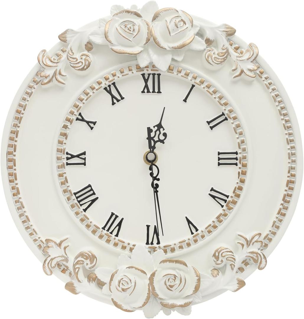 Eapmic European Style Resin Wall Clock, Retro Silent Clock with Rose Relief, Decorative Mural Clock for Living Room, Bedroom, Office, Farmhouse, Kitchen & Home Decor (White, 12.2 * 1.7 * 11.4in)
