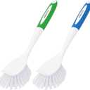 Amazer Dish Brush with Handle, 2 Pack Kitchen Scrub Brushes for Cleaning, Dish Scrubber with Stiff Bristles for Sink, Pots, Pans (Blue+green)