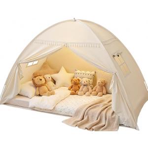 Toddler Bed Tent Canopy: Lights & Flags Indoor Floor Twin Bed Kids Tent Play Tent - Twin Bed Curtains - Girls&Boys Play House Bedroom Privacy Space Sleeping Tents Gifts Large Teepee Tent, Golden Beige, 75x40x46", Suggested for Twin