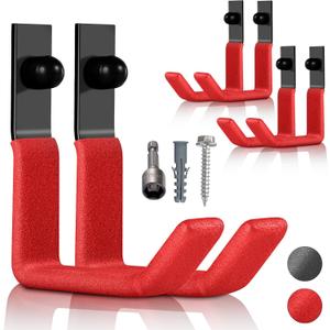 Garage Hooks Heavy Duty Wall Hooks, Ladder Hooks for Garage Wall Hooks, Steel 4 Inch Ladder Hanger, Metal Garage Storage Hooks for Hanging Garden Tool Holder Wall Mount J Utility Hooks, 50lbs (3 3/4"98mm, 6 PACKRed)